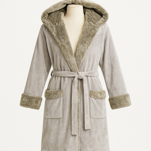 Pottery Barn Women's Hooded Plush Robe Large‎ Gray Faux Fur Trim Belted Cozy